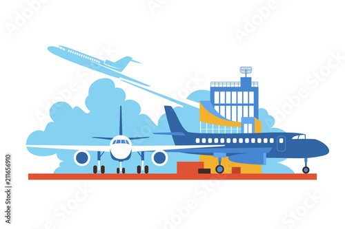 Vector Flat Air Travel Illustration. Aircraft on the Airfield