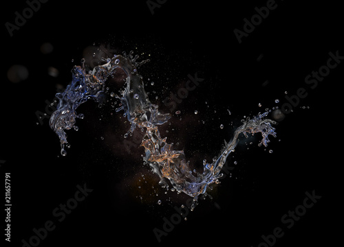 Alcohol, water, coffee liquid splashes with droplets, decorative. 3D illustration