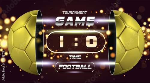Football banner, poster or flyer design with 3d golden Ball. Soccer game match design with timer or scoreboard. Half ball. Ball divided into two parts. Soccer league with game competition score