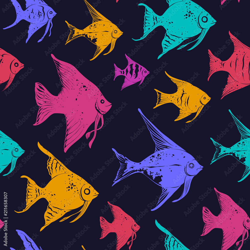 Multicolored Angelfish Marine Seamless Pattern on Black Background Multicolored Angelfish Marine Seamless Pattern on Black Background