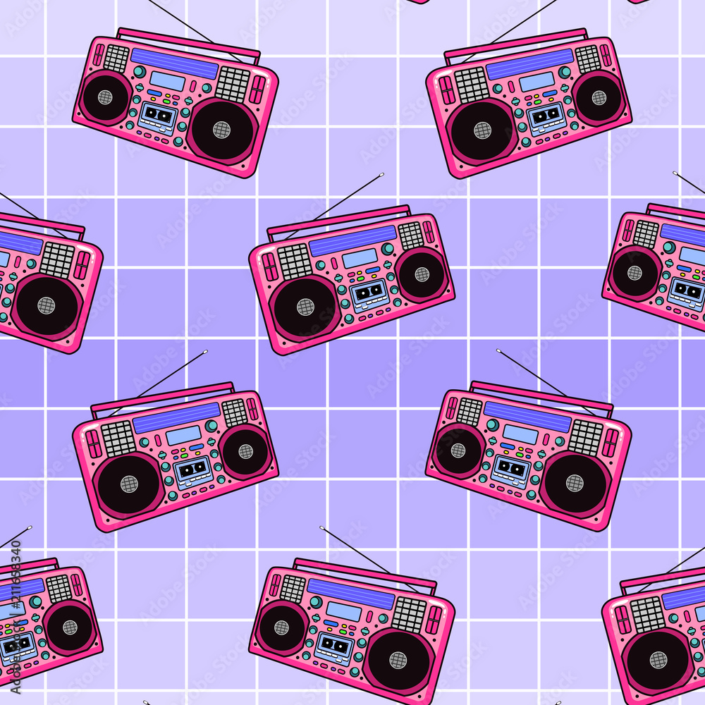Retro boombox, tape or cassette recorder, radio seamless pattern. Vector  illustration. Fun disco 80's style wallpaper design. Stock Vector | Adobe  Stock
