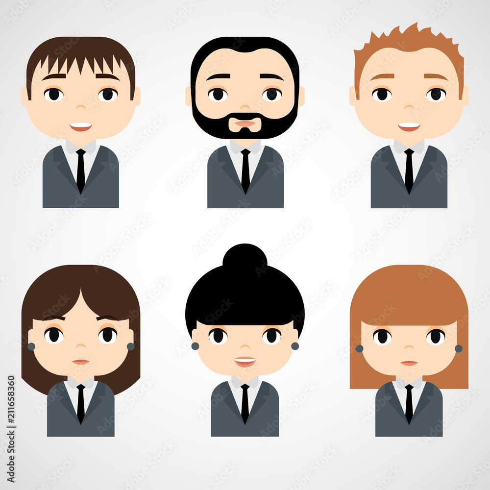 Man and Woman Avatars Set with Smiling faces. Female Male Cartoon Characters.  Businessman Businesswoman. Beautiful People Icons. Office Workers. Stock  Vector | Adobe Stock