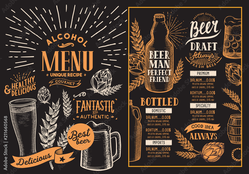 Beer drink menu for restaurant and cafe. Design template on blackboard  background with hand-drawn graphic illustrations. Vector beverage flyer for  bar. Stock Vector | Adobe Stock