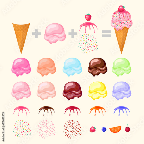 Construct your ice cream. Concept ice cream designer. Cone, ice cream scoops and different toppings