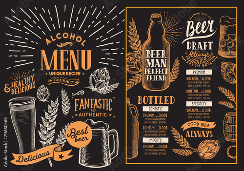 Beer drink menu for restaurant and cafe. Design template on blackboard background with hand-drawn graphic illustrations. Vector beverage flyer for bar.