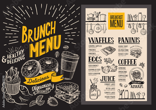 Brunch menu for restaurant. Vector food flyer for bar and cafe. Design template with vintage hand-drawn illustrations. photo