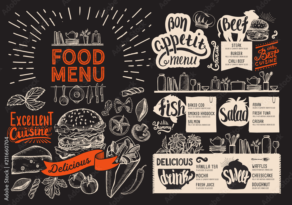 Food menu for restaurant. Vector food flyer for bar and cafe on blackboard background. Design template with vintage hand-drawn illustrations.