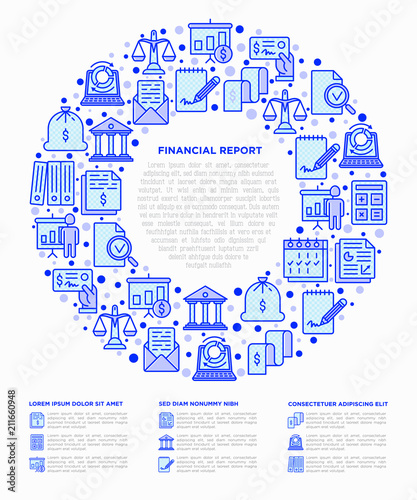 Financial report concept in circle with thin line icons: bank, financial analytics, calculate, signature, email, presentation, bank check, audit. Modern vector illustration, print media template.