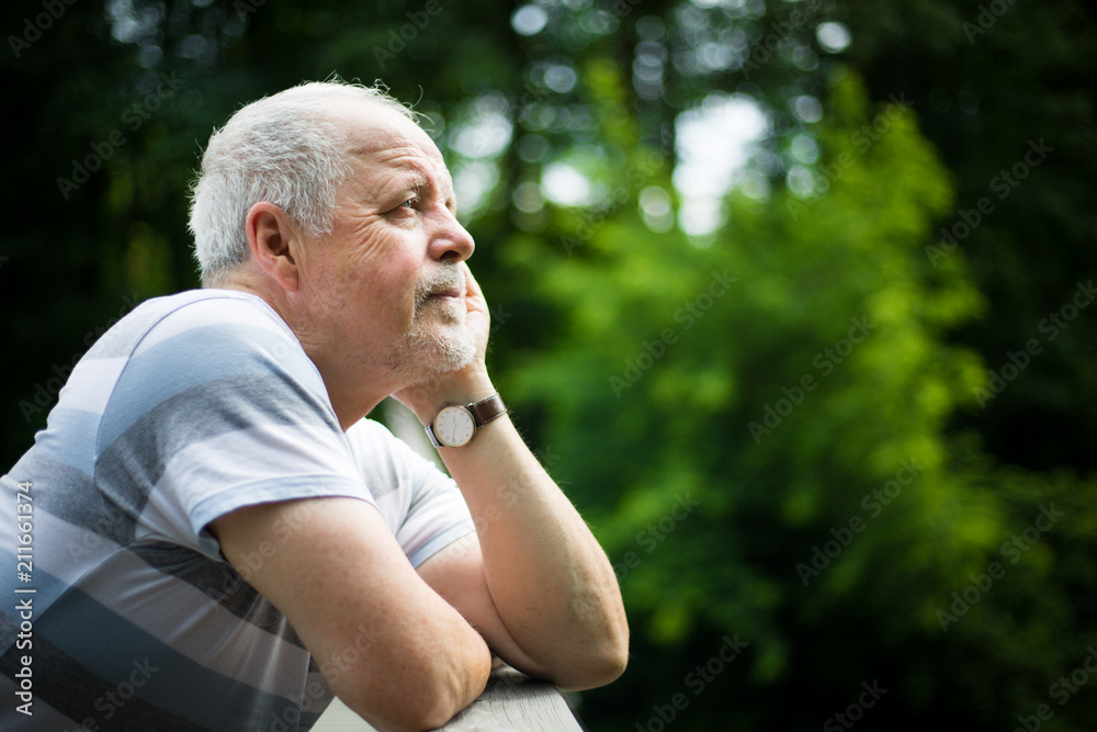 Portrait of senior man on the bridge, looking thoughtfully / pensive. smiling Portrait of senior man on the bridge, looking thoughtfully / pensive. smiling