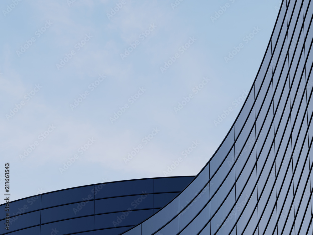 3D stimulate of high rise curve glass building and dark steel window system on blue clear sky background,Business concept of future architecture,lookup to the angle of the corner building.3d rendering