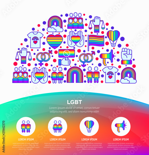 LGBT concept in half circle with thin line icons: gay, lesbian, rainbow, coming out, free love, flag, support, stop homophobia, LGBT rights, pride day. Modern vector illustration, web page template.