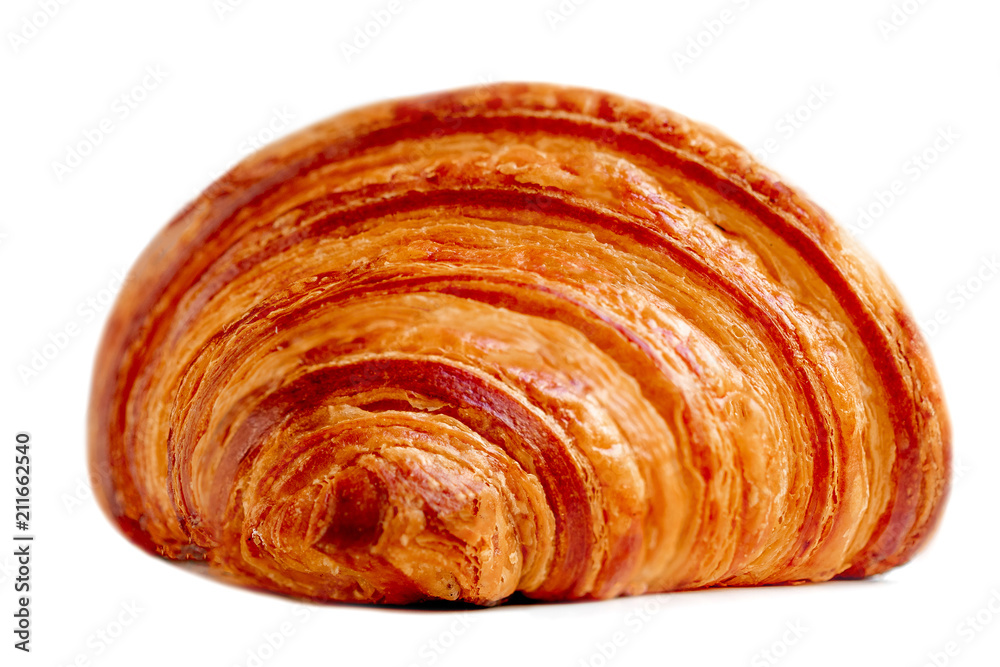 Croissant. Fresh croissant isolated on white background. Macro image, front view.