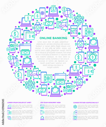 Online banking concept in circle with thin line icons: deposit app, money safety, internet bank, contactless payment, credit card, online transaction. Modern vector illustration, print media template.