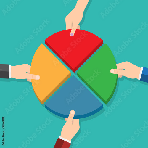 Four hands picking pie chart parts