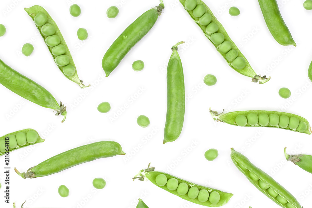 Fresh green pea pod isolated on white background. Top view. Flat lay pattern