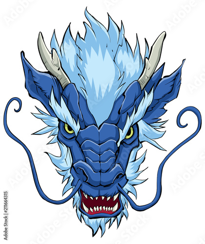 Obraz na plátně Chinese Dragon Head Blue / Hand drawn illustration of Chinese dragon in blue