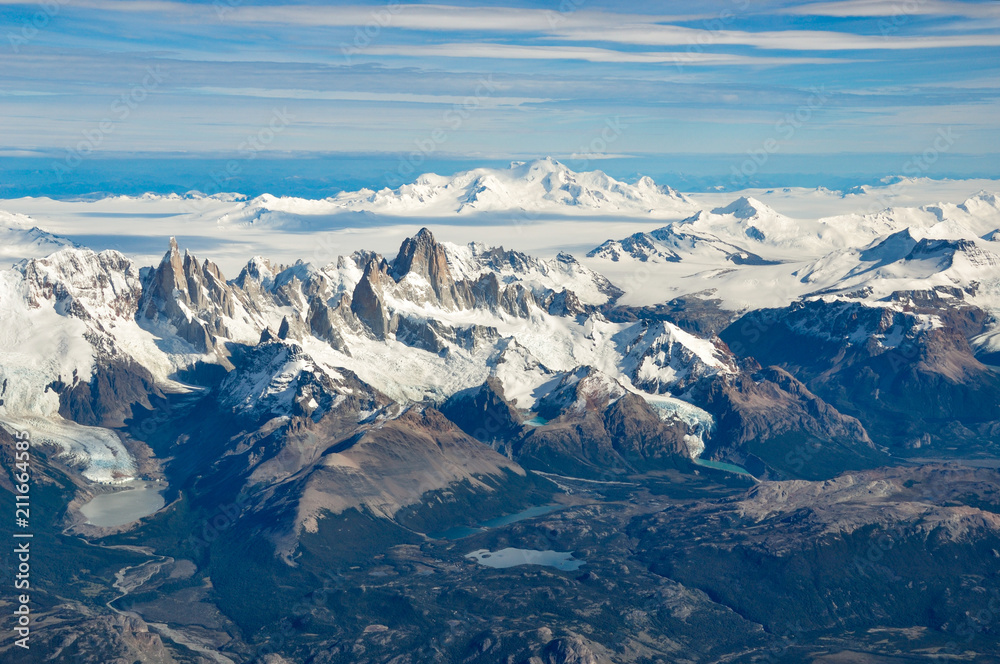 aerial view of mountains Fitz Roy, Cerro Torre, volcano Lautaro and the southern patagonian ice field, Patagonia, between Chile and Argentina