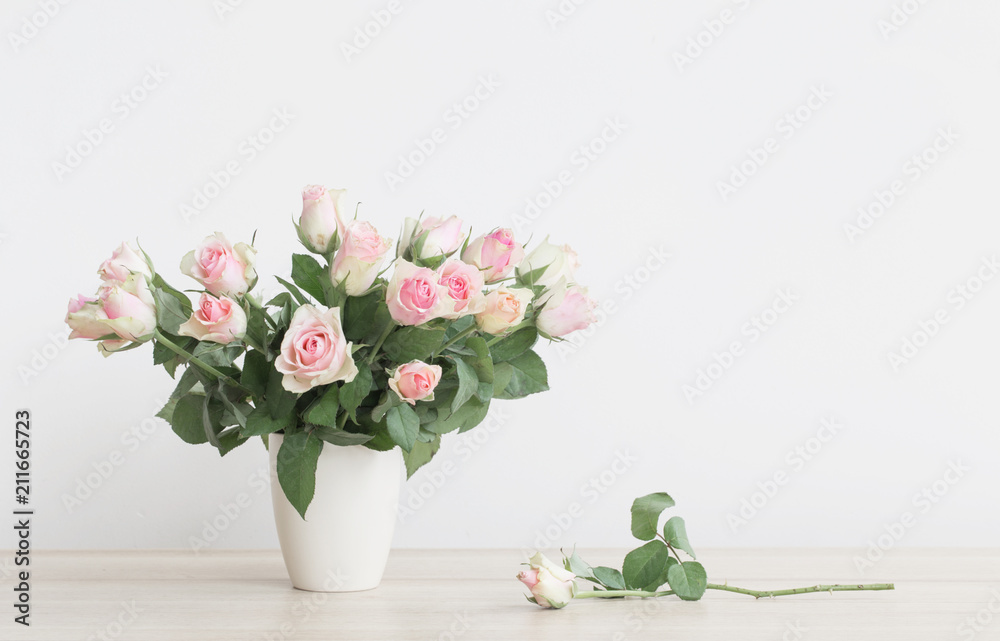 pink roses in vase on white background
