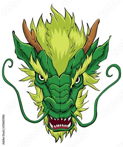 Chinese Dragon Head Green / Hand drawn illustration of Chinese dragon in green.