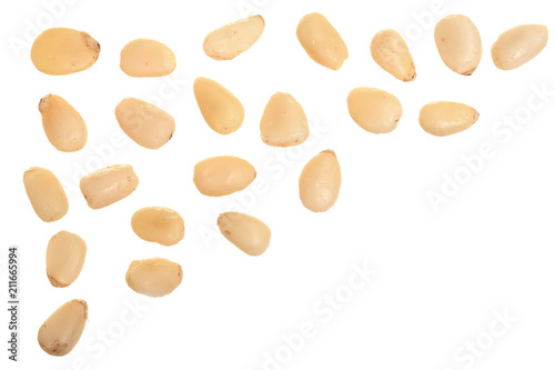 Shelled cedar pine nuts isolated on white background. Top view. Flat lay