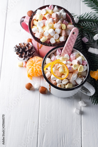 two cups with hot chocolate or cocoa with marshmallow