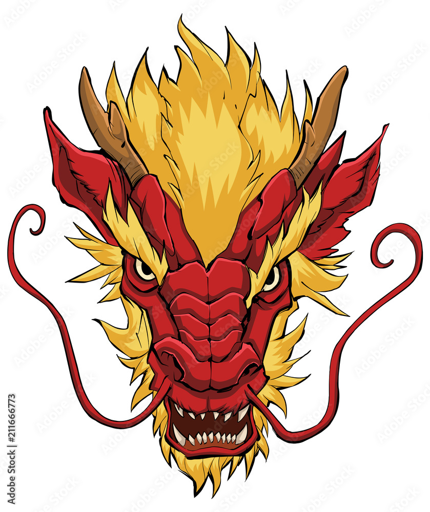 Chinese Dragon Head Red / Hand drawn illustration of Chinese dragon in ...