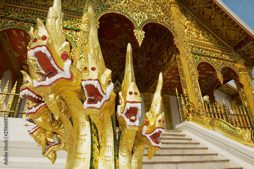 Mysterious naga creatures protecting Buddhist Temple at Haw Kham (Royal Palace) complex in Luang Prabang, Laos. photo