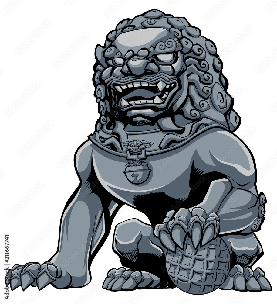 Naklejka premium Chiński lew Żelazo / ręcznie rysowane ilustracja żelaza Chiński posąg lwa.