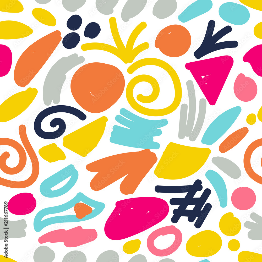 Cute abstract seamless pattern with messy hand drawn geometric shapes. Vector illustration.