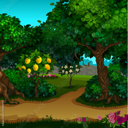 A garden with ripe fruit. Vector cartoon close-up illustration.