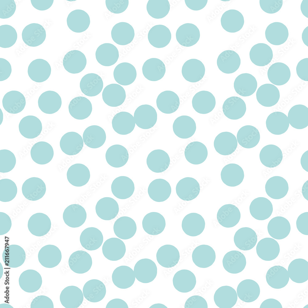 Blue spotted geometric seamless pattern on white. Abstract geometrical seamless with Polka dot texture, randomly dots, circles, bubbles, stain, spot. background Vector illustration.