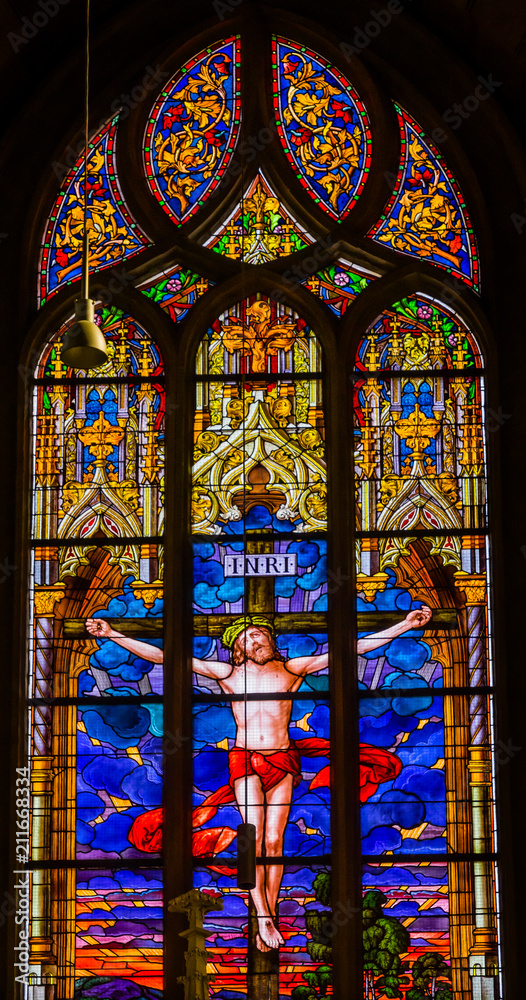 Jesus Crucifixion Stained Glass All Saints Castle Church Schlosskirche Wittenberg Germany Jesus Crucifixion Stained Glass All Saints Castle Church Schlosskirche Wittenberg Germany