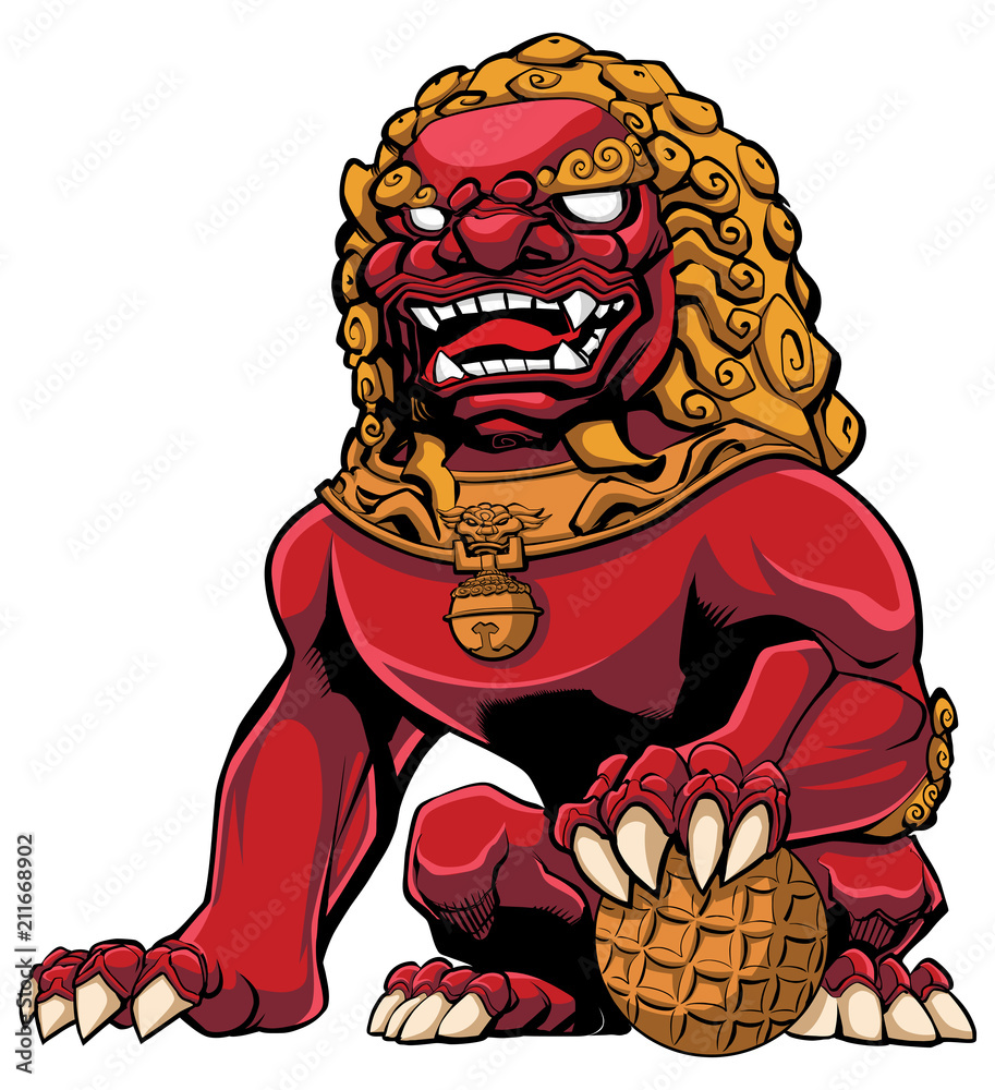 Obraz premium Chiński lew Czerwony / ręcznie rysowane ilustracja czerwonego chińskiego lwa.