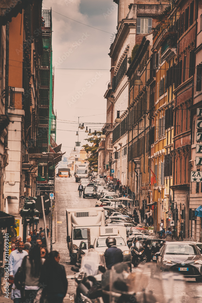 ROME, ITALY, 04 May 2018: A busy trade street in Rome