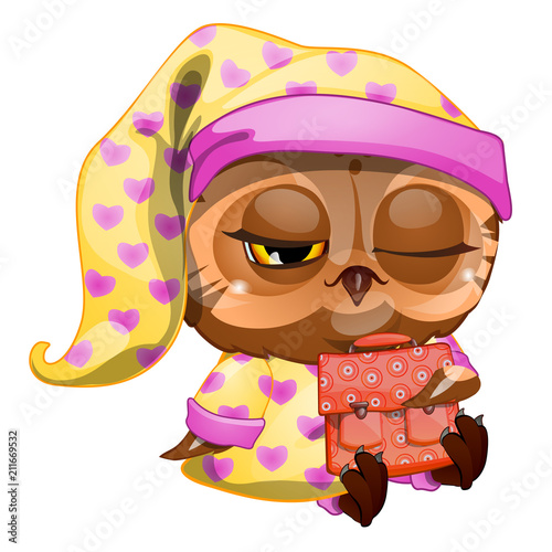 Cute owl holding the wing of the school satchel isolated on white background. Vector cartoon close-up illustration.