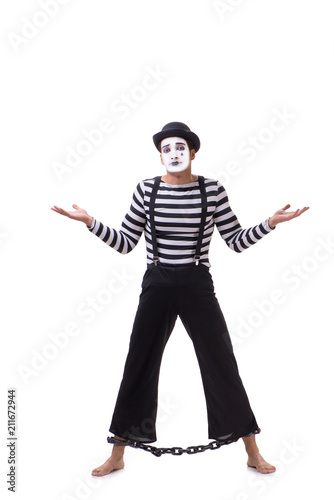 Mime with his feet chained isolated on white