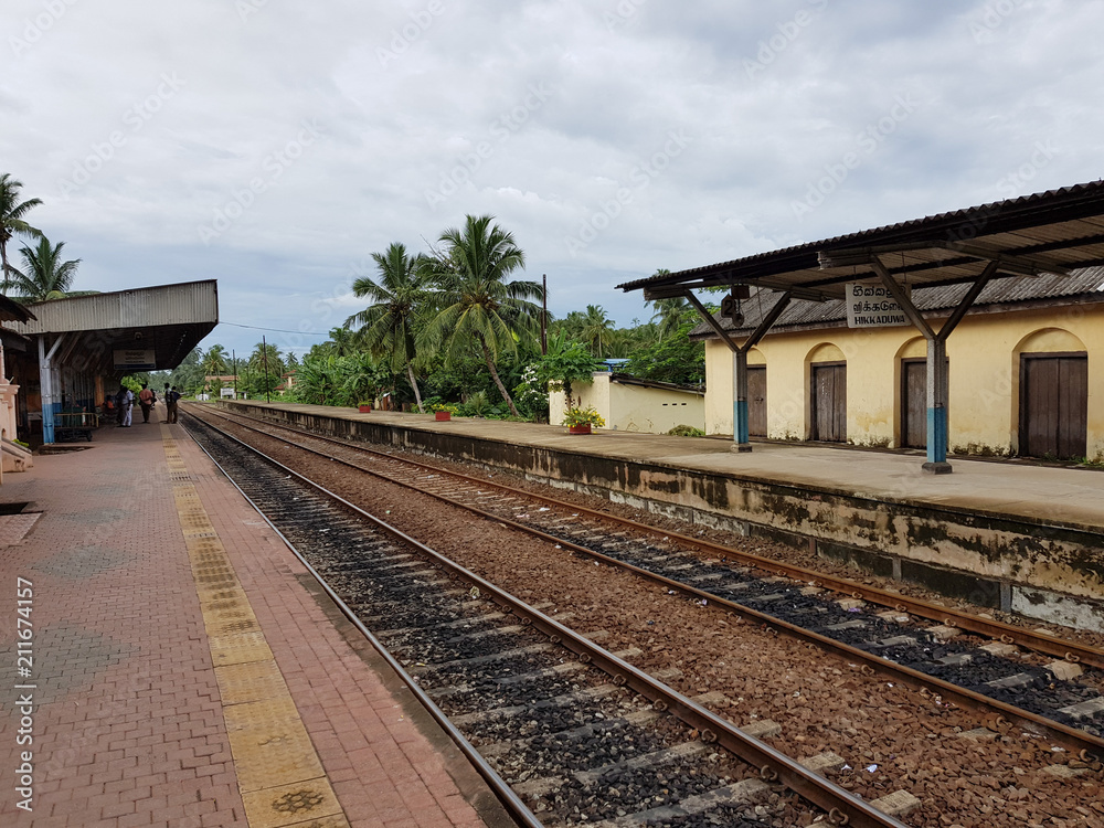Hikkaduwa, Sri Lanka - May 09, 2018: Railway platform at the station Hikkaduwa in Sri Lanka