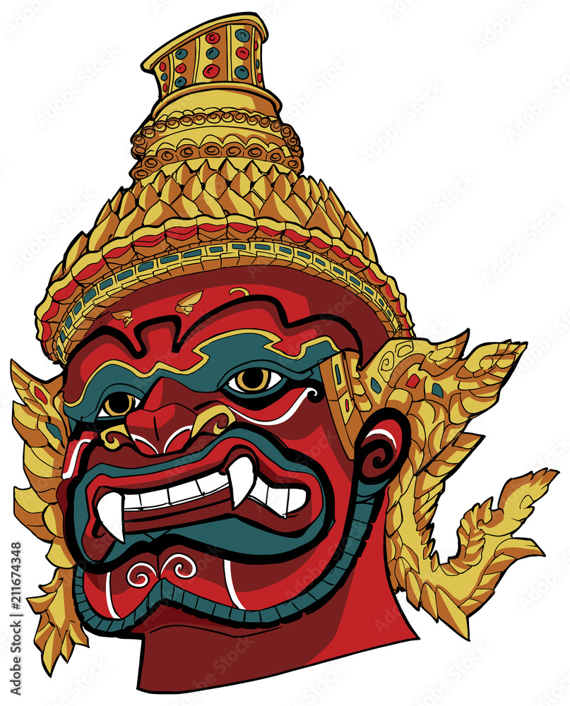 Fototapeta premium Thai Demon Red / Hand drawn portrait illustration of a Thai Demon.