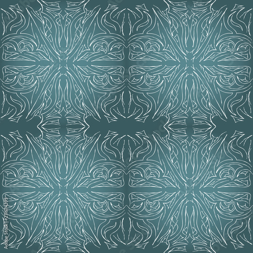 Seamless aqua tile with lacy patterns. Hand drawing in the style of sentangle. Suitable for sheathing or wrapping.