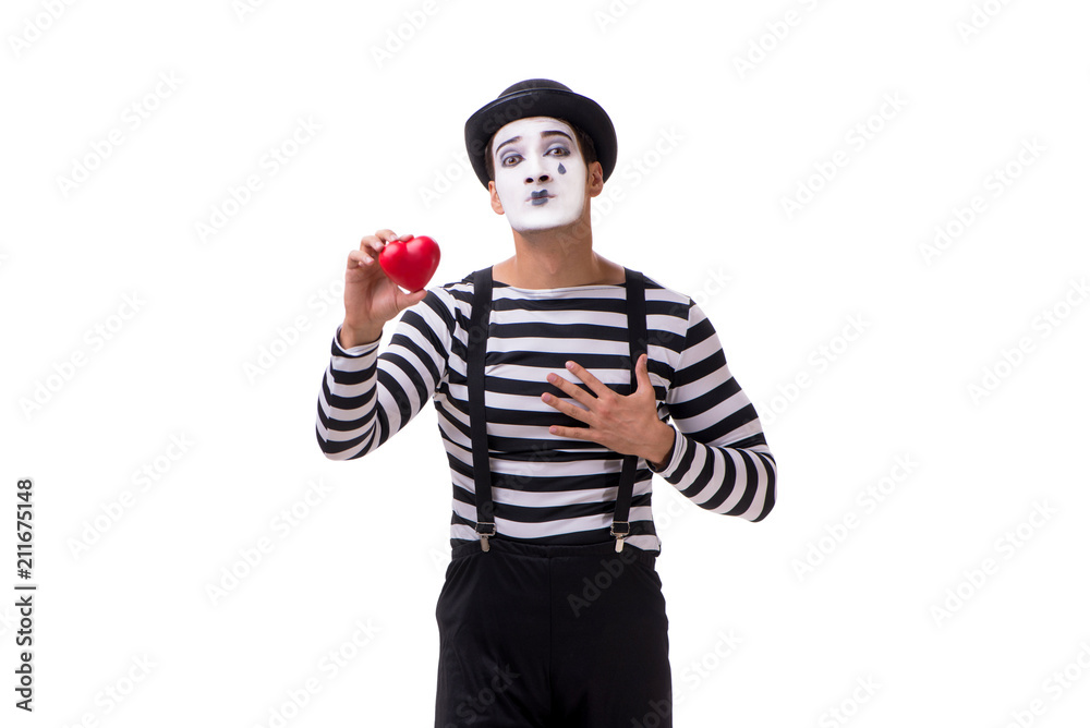 Mime holding red heart isolated on white background Mime holding red heart isolated on white background