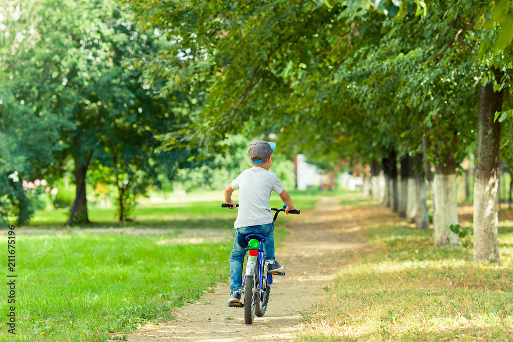 Child drive a bicycle on the road in the woods. Little boy learning to ride a bike. Child drive a bicycle on the road in the woods. Little boy learning to ride a bike.