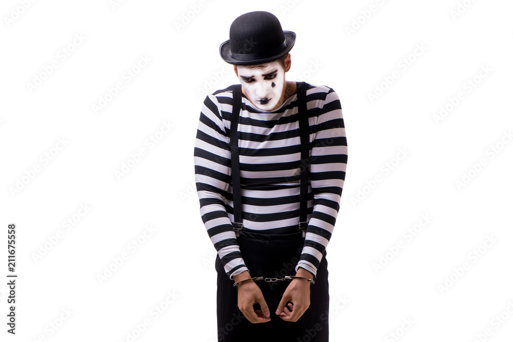 Mime with handcuffs isolated on white background Mime with handcuffs isolated on white background
