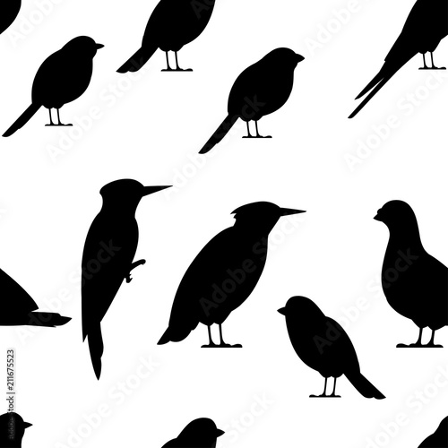 Seamless pattern. Bird black silhouette. Pigeon, Sparrow, Titmouse, Swallow, Woodpecker, Starling, Bullfinch. Flat birds icon. Vector illustration on white background