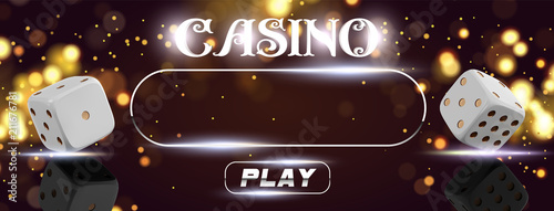 Top view of Vector Casino sign poker dice on golden shiny background. Online casino wide flyer or banner design with place for text and button. Gambling 3d vector concept