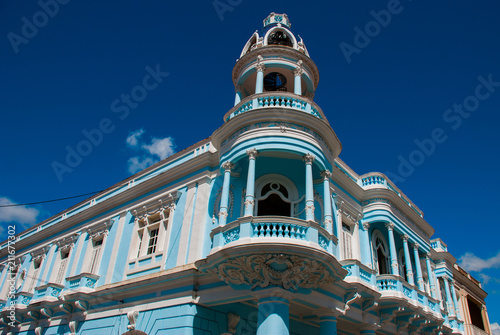 Cienfuegos, Cuba. Palacio Ferrer in Jose Marti Park, House Of The Culture Benjamin Duarte. Beautiful classic blue building with white columns. photo