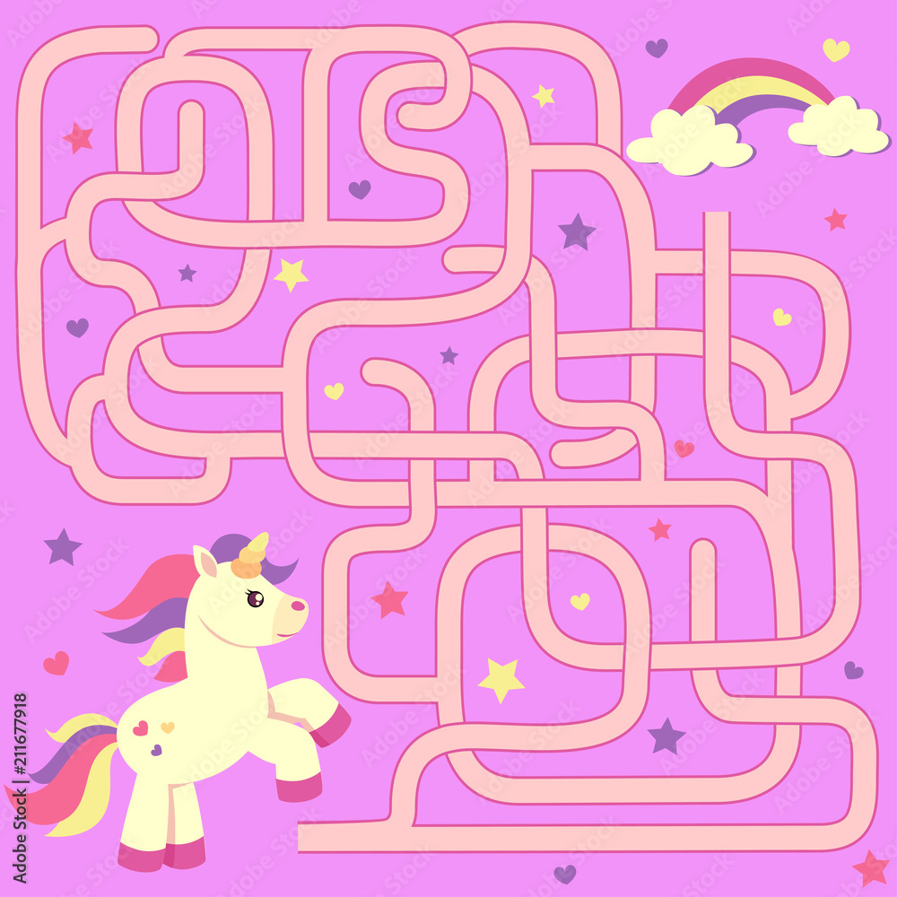 Help unicorn find path to rainbow. Labyrinth. Maze game for kids Stock