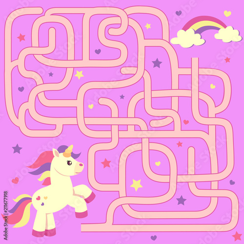 Help unicorn find path to rainbow. Labyrinth. Maze game for kids