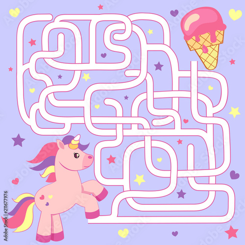 Help unicorn find path to ice cream. Labyrinth. Maze game for kids