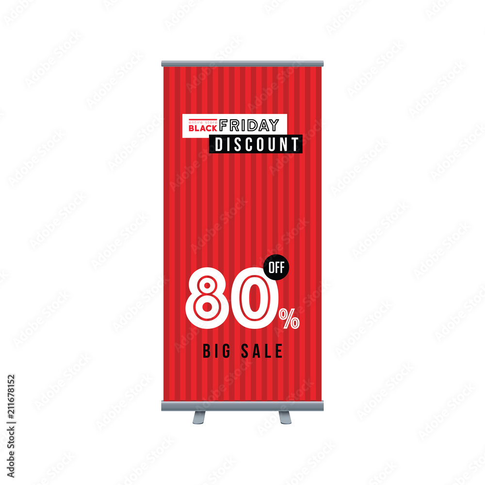 Roll Up banner template. Horizontal design. Black and red banner design. Black Friday sale poster. Sale voucher. Gift card. Facebook banner. Vector Illustration