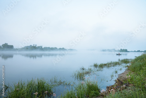 Morning on a river with fog, fishing © kurtov